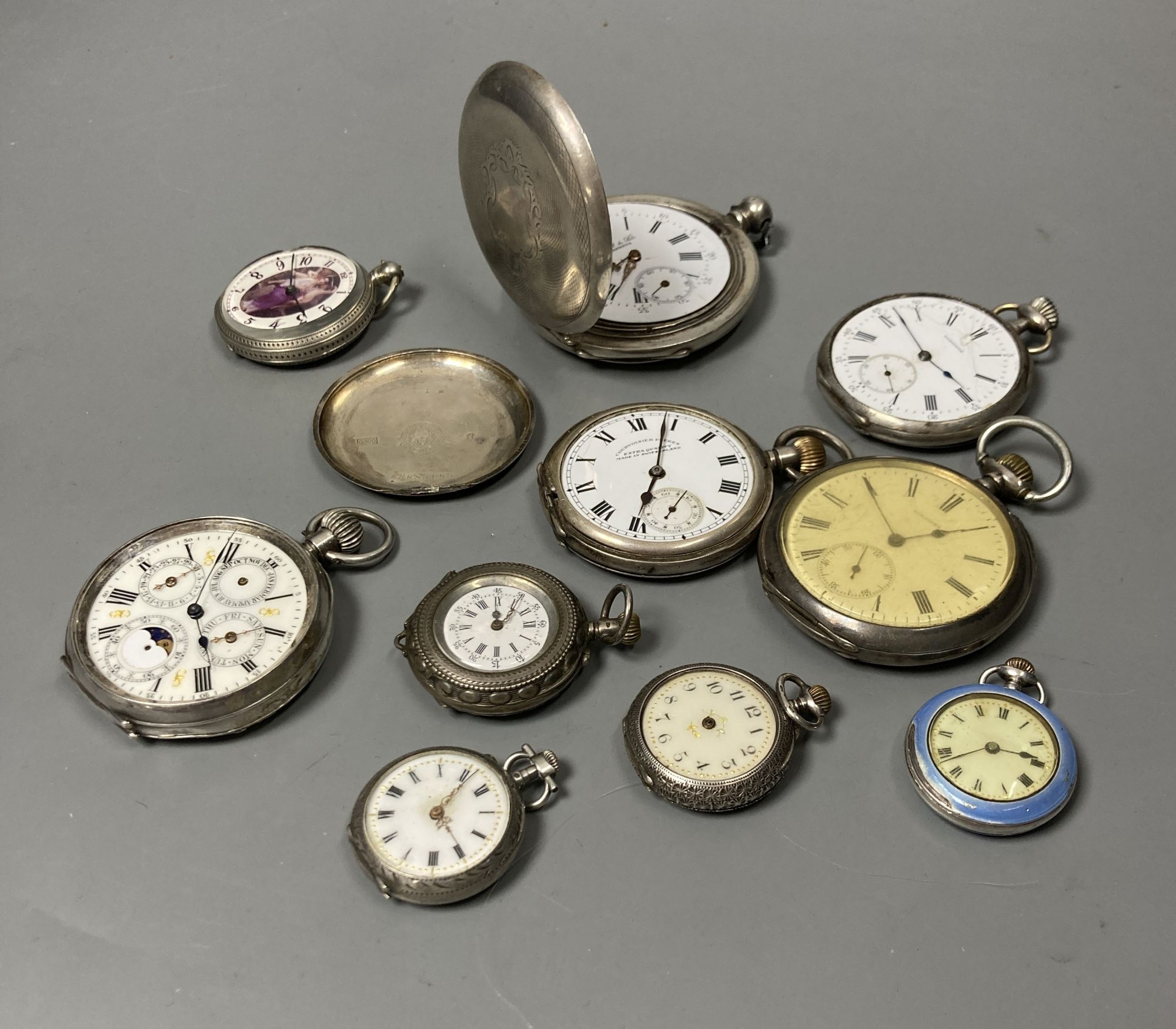 Ten assorted silver or white metal pocket and fob watches, including Russian, silver calendar moonphase and enamelled fob watch (all mainly a.f.).